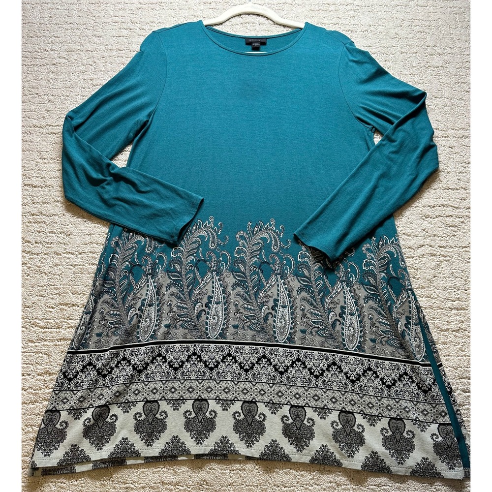 J Jill Wearever Collection Tunic Women S Teal  Paisley Border Print - Picture 2 of 8